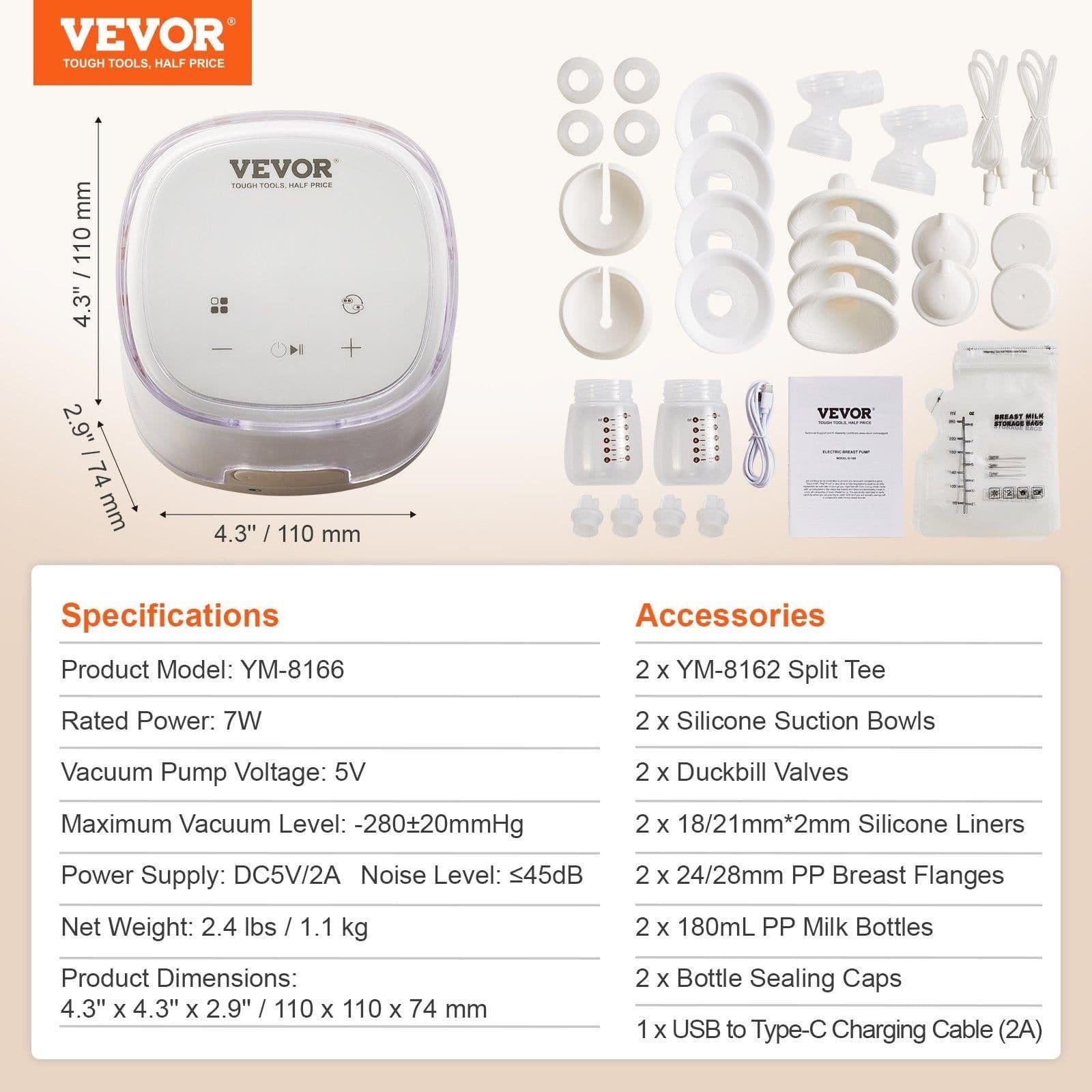 image-VEVOR Breast Pump, Double Electric Breast Pumps, 4 Modes & 16 Levels, 300mmHg Strong Suction, 2800mAH Rechargeable Anti-Backflow Breastfeeding Pump with LED Display, 18/21mm Inserts, 24/28mm Flanges