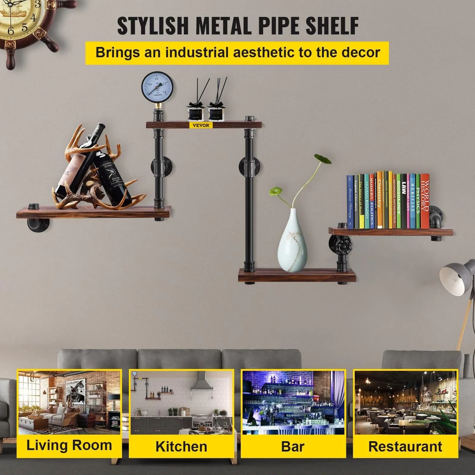 image-VEVOR Industrial Pipe Shelving, Pipe Shelves with 4-Tier Wood Planks, Rustic Floating Shelves Wall Mounted, Wall Shelf DIY Bookshelf for Bar Kitchen Bathroom Farmhouse Living Room, 51x25x9 inch