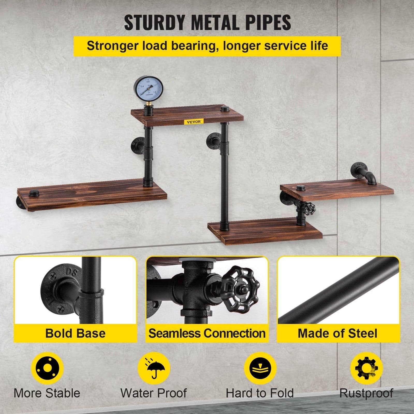 image-VEVOR Industrial Pipe Shelving, Pipe Shelves with 4-Tier Wood Planks, Rustic Floating Shelves Wall Mounted, Wall Shelf DIY Bookshelf for Bar Kitchen Bathroom Farmhouse Living Room, 51x25x9 inch