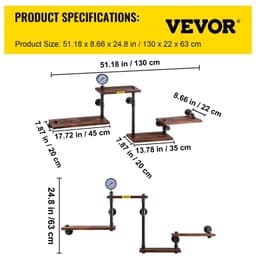 image-VEVOR Industrial Pipe Shelving, Pipe Shelves with 4-Tier Wood Planks, Rustic Floating Shelves Wall Mounted, Wall Shelf DIY Bookshelf for Bar Kitchen Bathroom Farmhouse Living Room, 51x25x9 inch
