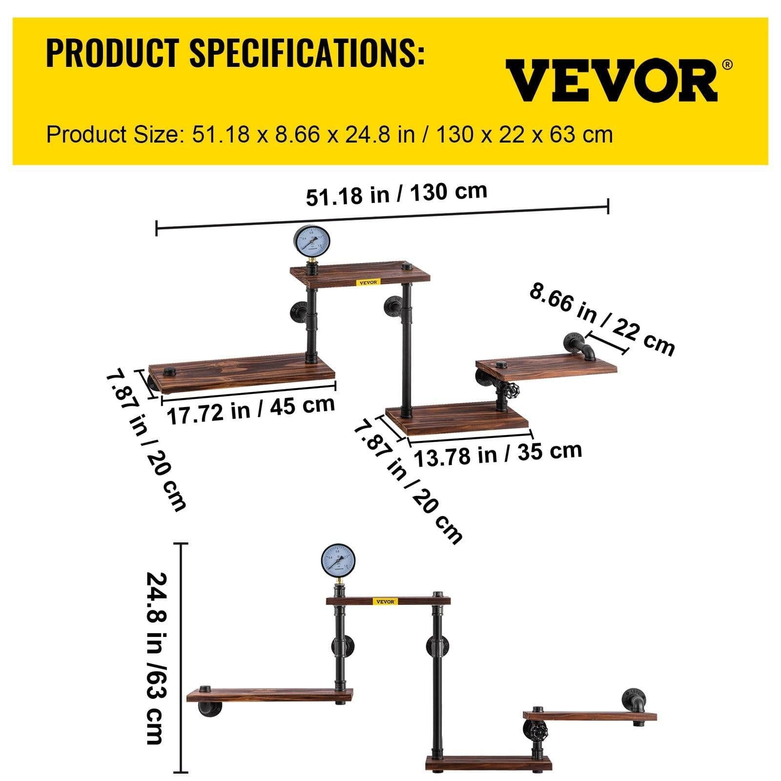 image-VEVOR Industrial Pipe Shelving, Pipe Shelves with 4-Tier Wood Planks, Rustic Floating Shelves Wall Mounted, Wall Shelf DIY Bookshelf for Bar Kitchen Bathroom Farmhouse Living Room, 51x25x9 inch