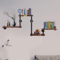 image-VEVOR Industrial Pipe Shelving, Pipe Shelves with 4-Tier Wood Planks, Rustic Floating Shelves Wall Mounted, Wall Shelf DIY Bookshelf for Bar Kitchen Bathroom Farmhouse Living Room, 51x25x9 inch