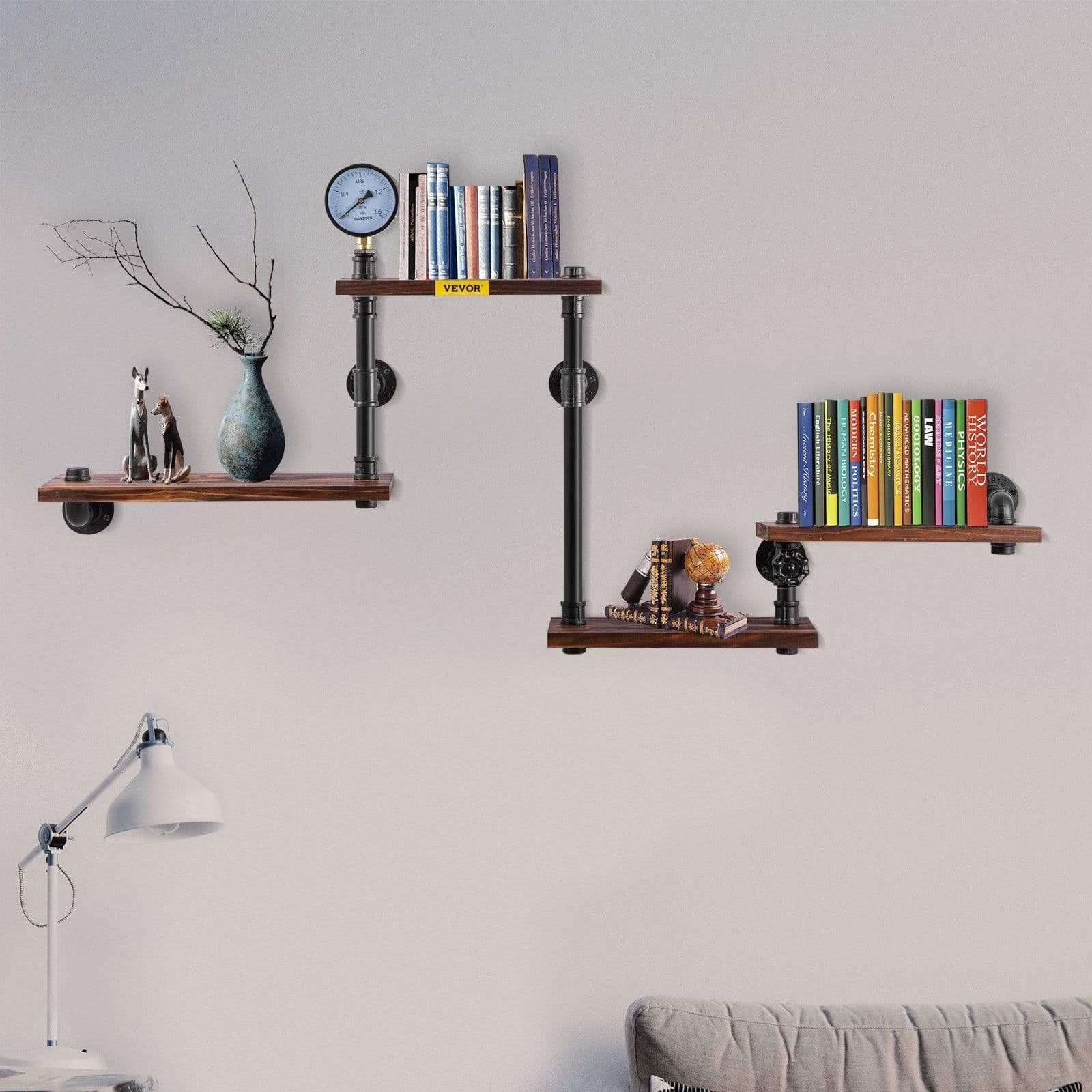 image-VEVOR Industrial Pipe Shelving, Pipe Shelves with 4-Tier Wood Planks, Rustic Floating Shelves Wall Mounted, Wall Shelf DIY Bookshelf for Bar Kitchen Bathroom Farmhouse Living Room, 51x25x9 inch
