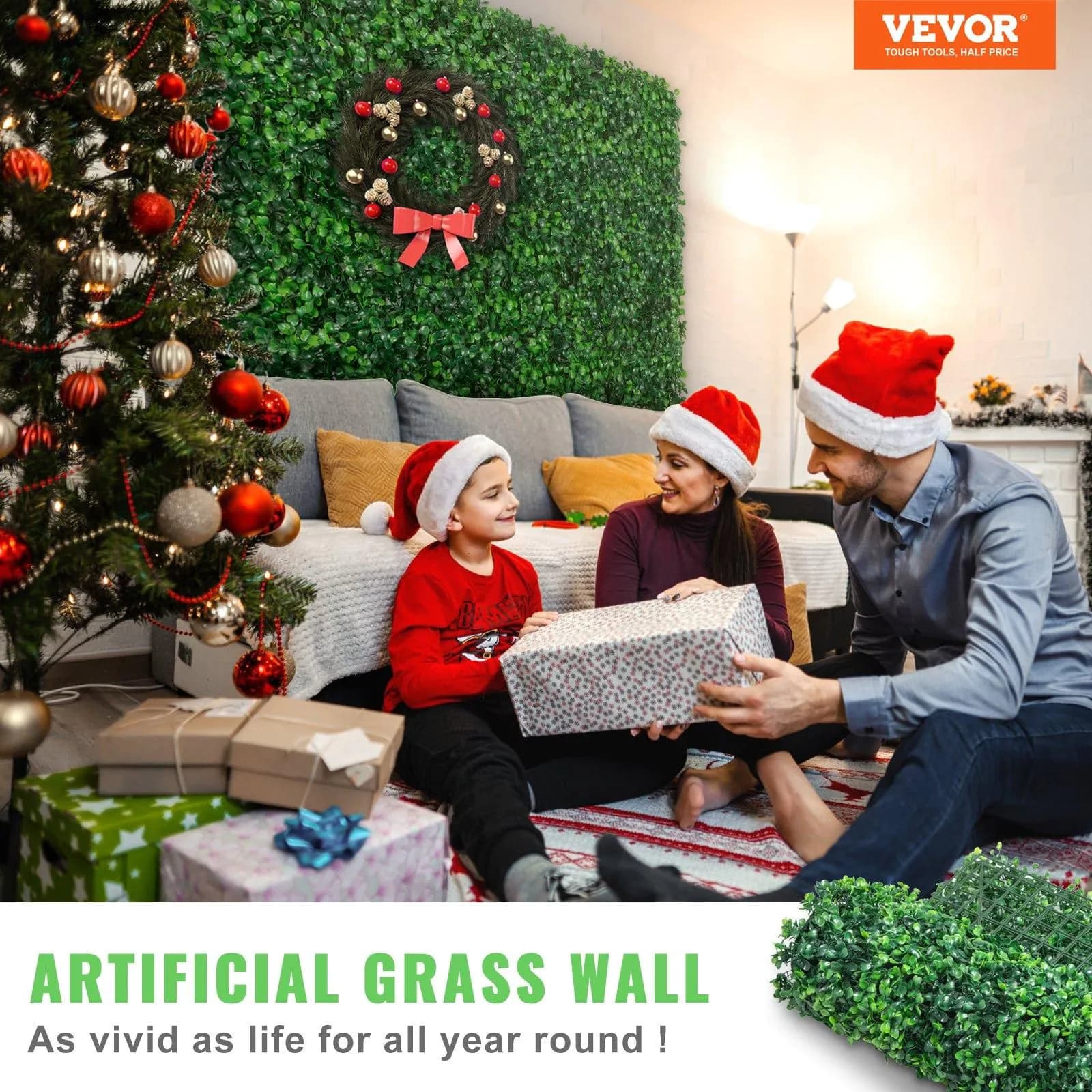 image-VEVOR 12PCS 24"x16" Grass Wall Panels for 32 SQ Feet, Boxwood Hedge Wall Panels, Artificial Grass Backdrop Wall 1.6", Privacy Hedge Screen UV Protected for Outdoor Indoor Garden Fence Backyard