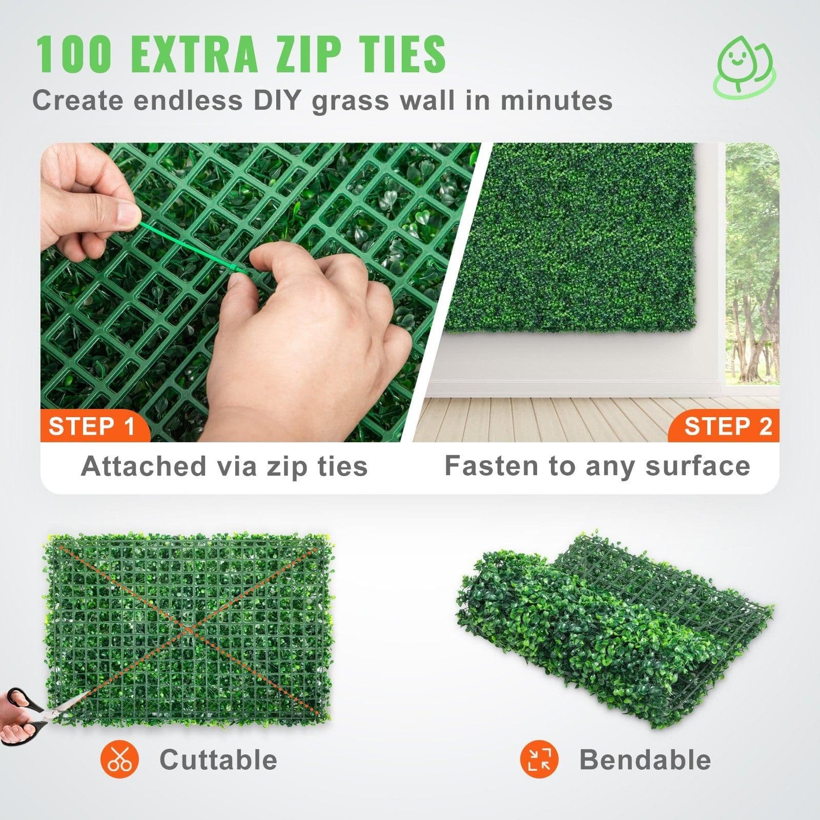 image-VEVOR 12PCS 24"x16" Grass Wall Panels for 32 SQ Feet, Boxwood Hedge Wall Panels, Artificial Grass Backdrop Wall 1.6", Privacy Hedge Screen UV Protected for Outdoor Indoor Garden Fence Backyard