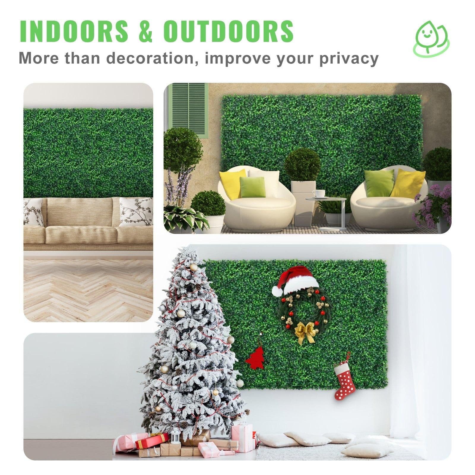 image-VEVOR 12PCS 24"x16" Grass Wall Panels for 32 SQ Feet, Boxwood Hedge Wall Panels, Artificial Grass Backdrop Wall 1.6", Privacy Hedge Screen UV Protected for Outdoor Indoor Garden Fence Backyard