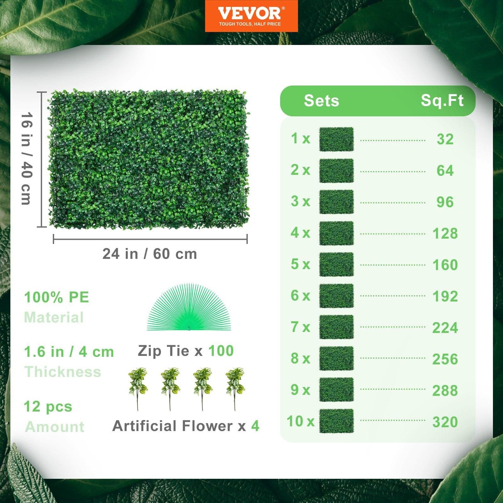 image-VEVOR 12PCS 24"x16" Grass Wall Panels for 32 SQ Feet, Boxwood Hedge Wall Panels, Artificial Grass Backdrop Wall 1.6", Privacy Hedge Screen UV Protected for Outdoor Indoor Garden Fence Backyard