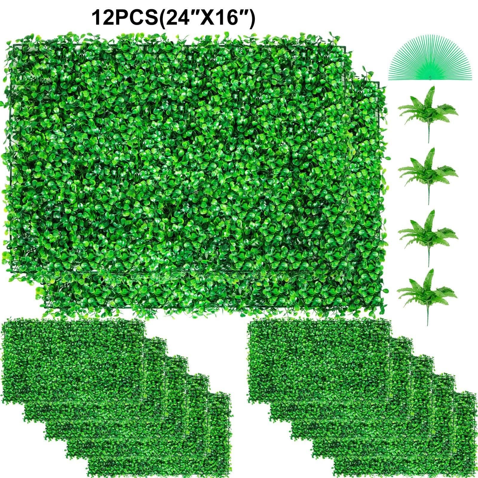 image-VEVOR 12PCS 24"x16" Grass Wall Panels for 32 SQ Feet, Boxwood Hedge Wall Panels, Artificial Grass Backdrop Wall 1.6", Privacy Hedge Screen UV Protected for Outdoor Indoor Garden Fence Backyard