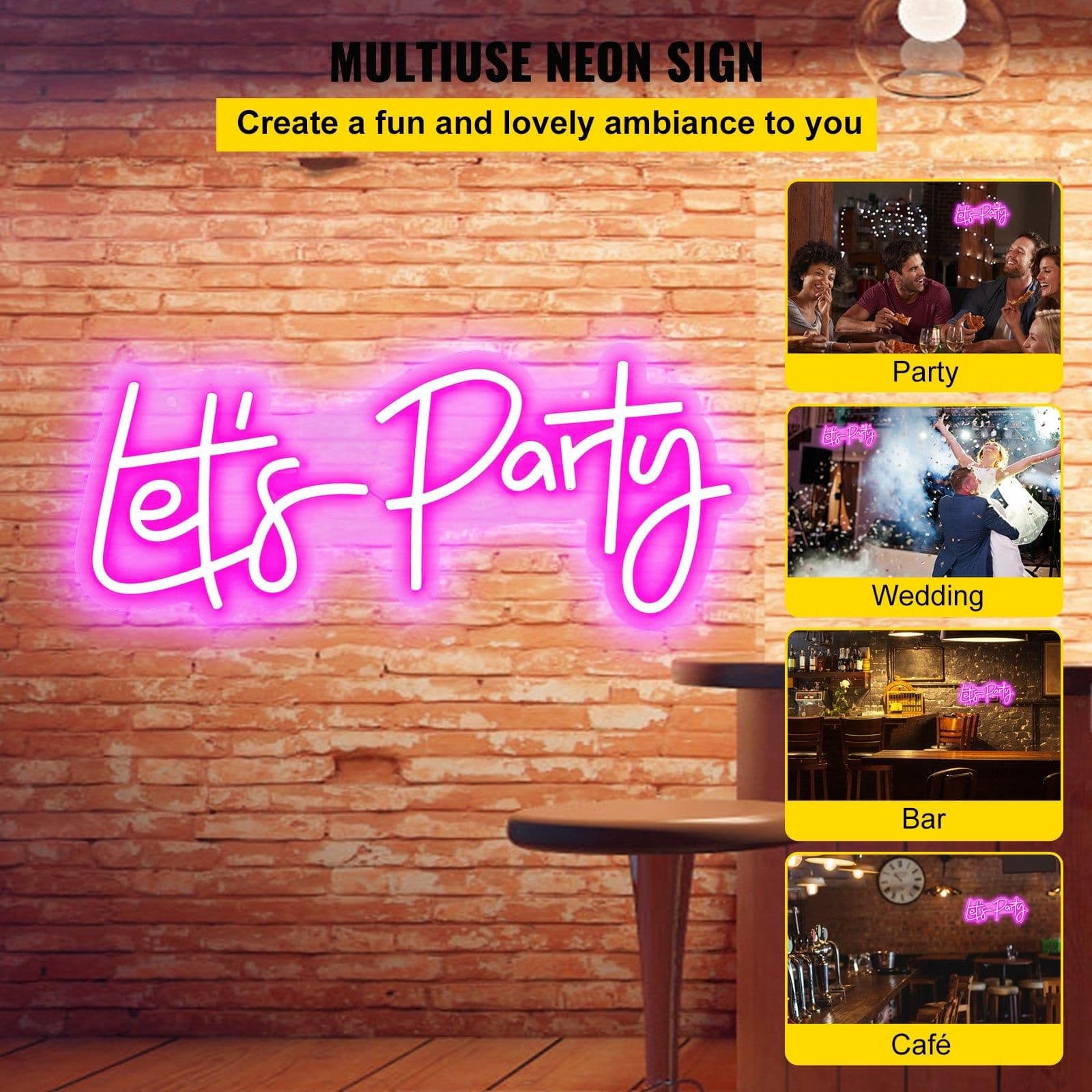 image-VEVOR Let's Party Neon Sign, 23"X10" Neon Sign for Wall Decor, Adjustable Brightness Pink Neon Light Sign with Remote Control and Power Adapter, for Party/Wedding Celebration/Home Decoration