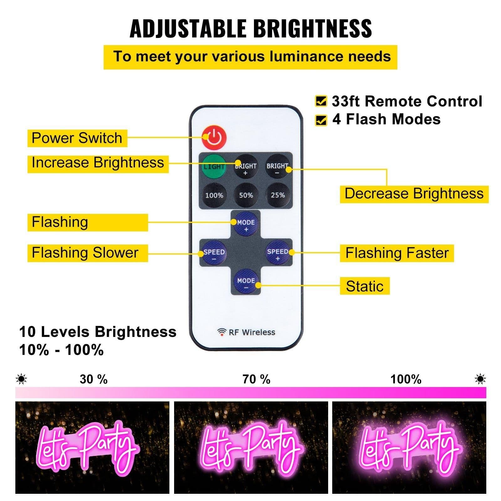 image-VEVOR Let's Party Neon Sign, 23"X10" Neon Sign for Wall Decor, Adjustable Brightness Pink Neon Light Sign with Remote Control and Power Adapter, for Party/Wedding Celebration/Home Decoration