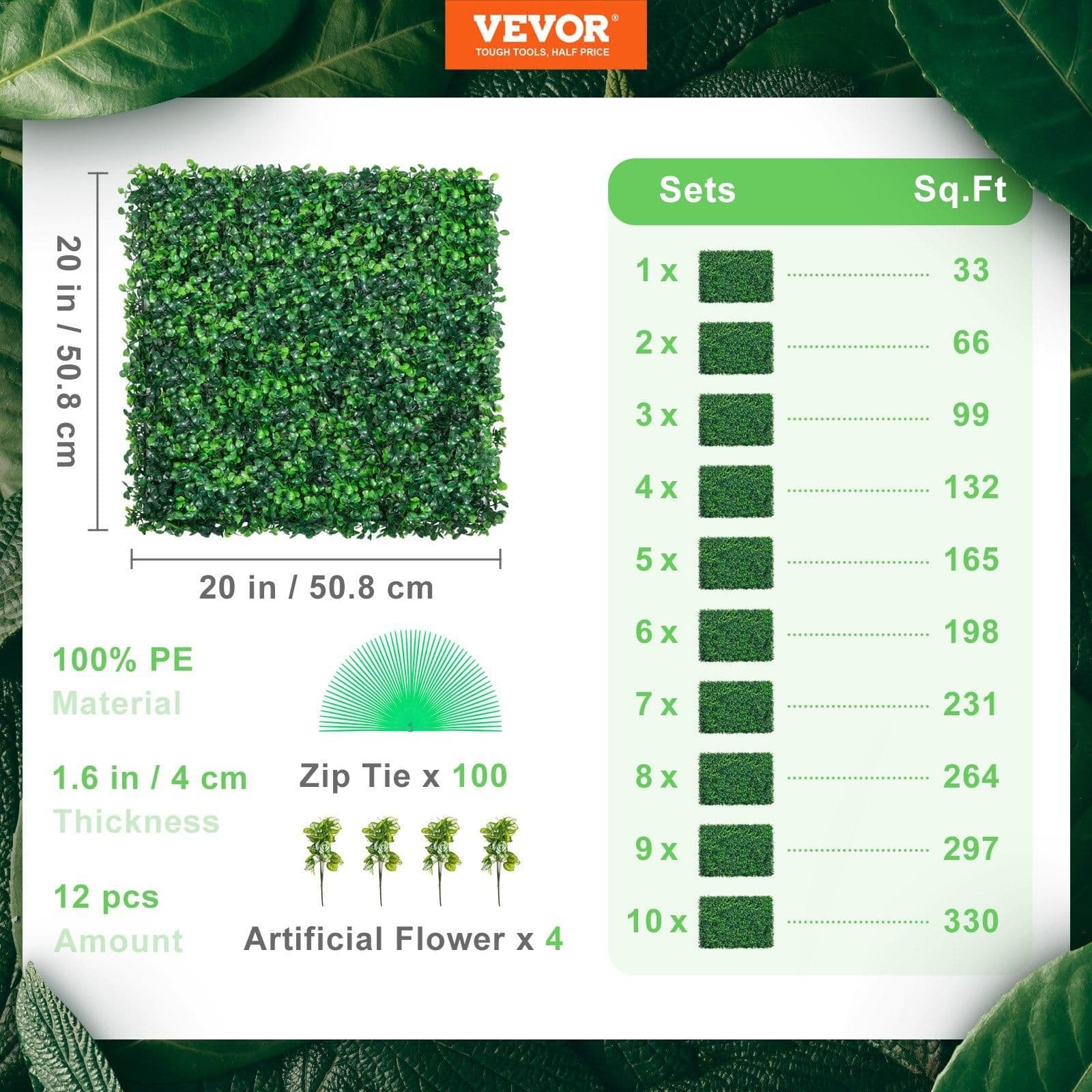 image-VEVOR 12PCS 20x20inch Artificial Boxwood Panels,Boxwood Hedge Wall Panels,Artificial Grass Backdrop Wall 1.6",Privacy Hedge Screen UV Protected for Outdoor Indoor Garden Fence Backyard