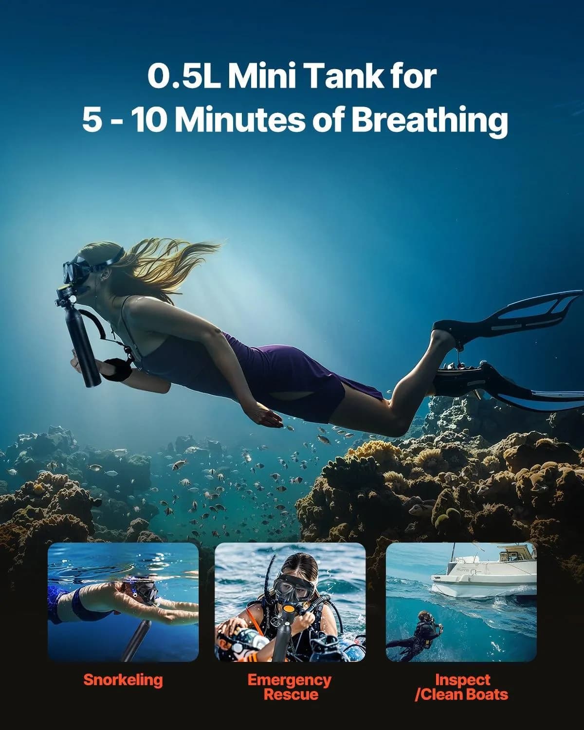 image-VEVOR Scuba Tank, 0.5L Portable Diving Tank with Pump, Diving Oxygen Cylinder Supports 5-10 Minutes Underwater Breathing, 98.43 ft Diving Depth, Refillable Snorkel Air Tank for Underwater Exploration