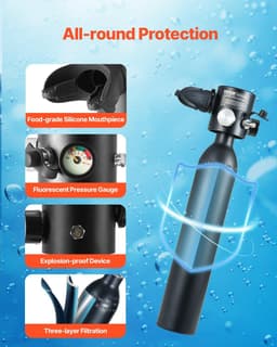 image-VEVOR Scuba Tank, 0.5L Portable Diving Tank with Pump, Diving Oxygen Cylinder Supports 5-10 Minutes Underwater Breathing, 98.43 ft Diving Depth, Refillable Snorkel Air Tank for Underwater Exploration
