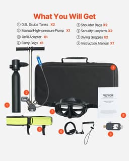 image-VEVOR Scuba Tank, 0.5L Portable Diving Tank with Pump, Diving Oxygen Cylinder Supports 5-10 Minutes Underwater Breathing, 98.43 ft Diving Depth, Refillable Snorkel Air Tank for Underwater Exploration