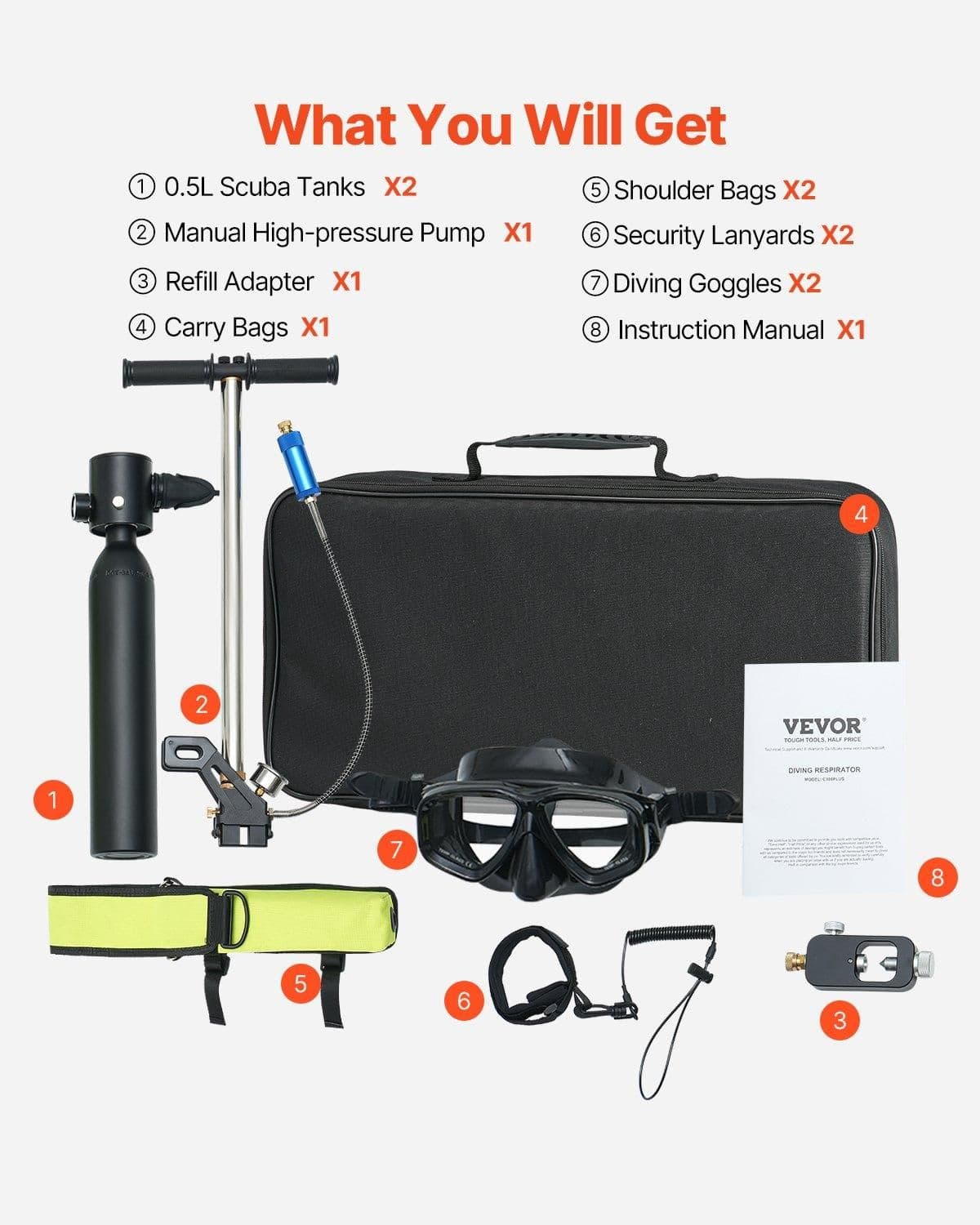 image-VEVOR Scuba Tank, 0.5L Portable Diving Tank with Pump, Diving Oxygen Cylinder Supports 5-10 Minutes Underwater Breathing, 98.43 ft Diving Depth, Refillable Snorkel Air Tank for Underwater Exploration