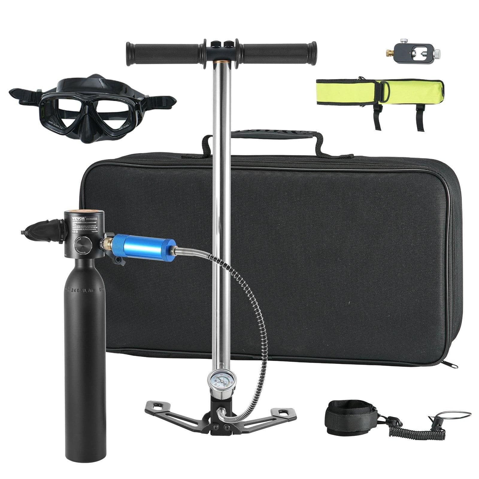 image-VEVOR Scuba Tank, 0.5L Portable Diving Tank with Pump, Diving Oxygen Cylinder Supports 5-10 Minutes Underwater Breathing, 98.43 ft Diving Depth, Refillable Snorkel Air Tank for Underwater Exploration