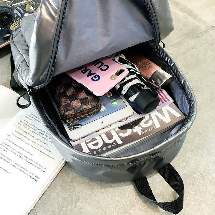 image-Trendy Korean Backpack - Silver Large PU Travel Schoolbag - 20-35L