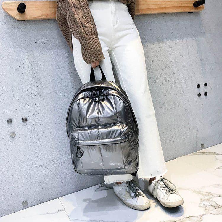 image-Trendy Korean Backpack - Silver Large PU Travel Schoolbag - 20-35L