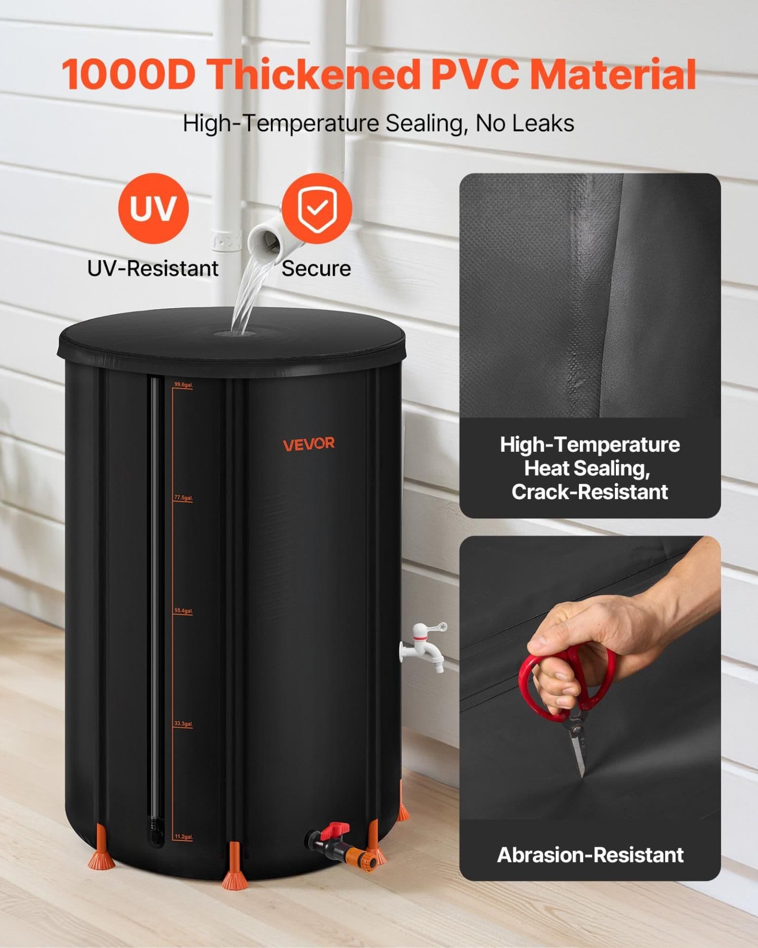 image-VEVOR Collapsible Rain Barrel, 100 Gallon Portable Rain Water Collection Barrel, 1000D PVC Rainwater Collection System, Garden Water Catcher Tank Storage Container with Spigot & Overflow Kit, Black