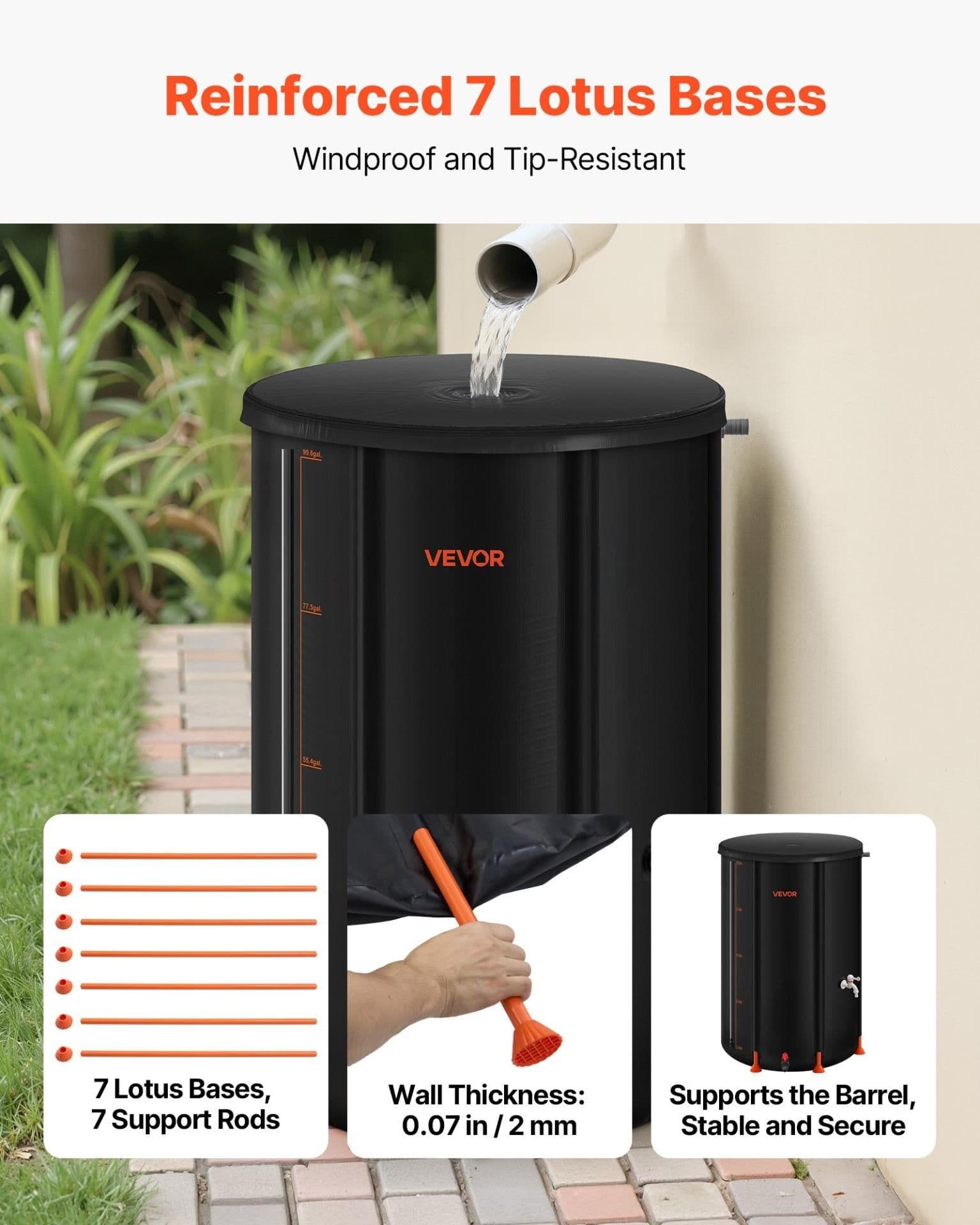 image-VEVOR Collapsible Rain Barrel, 100 Gallon Portable Rain Water Collection Barrel, 1000D PVC Rainwater Collection System, Garden Water Catcher Tank Storage Container with Spigot & Overflow Kit, Black