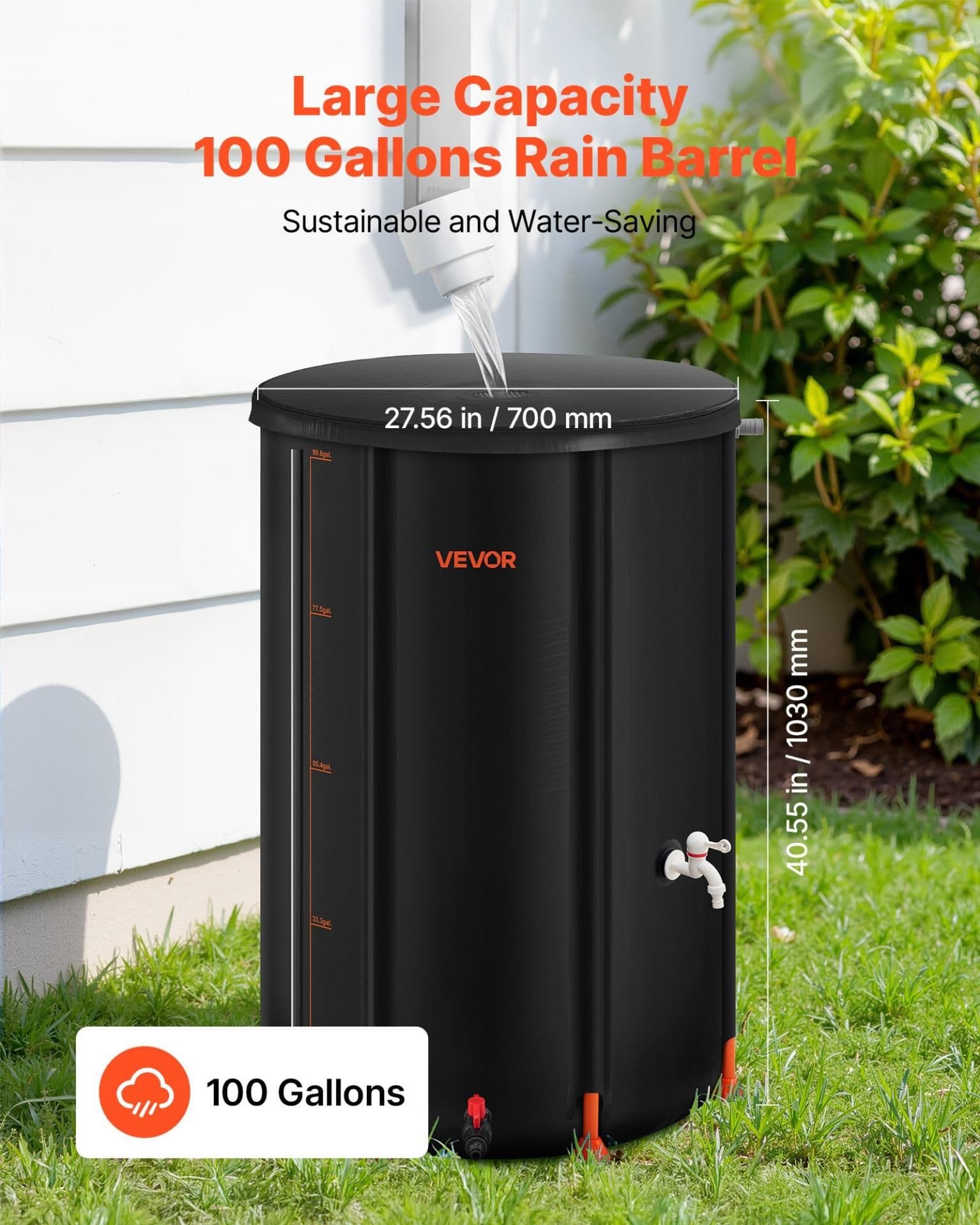 image-VEVOR Collapsible Rain Barrel, 100 Gallon Portable Rain Water Collection Barrel, 1000D PVC Rainwater Collection System, Garden Water Catcher Tank Storage Container with Spigot & Overflow Kit, Black