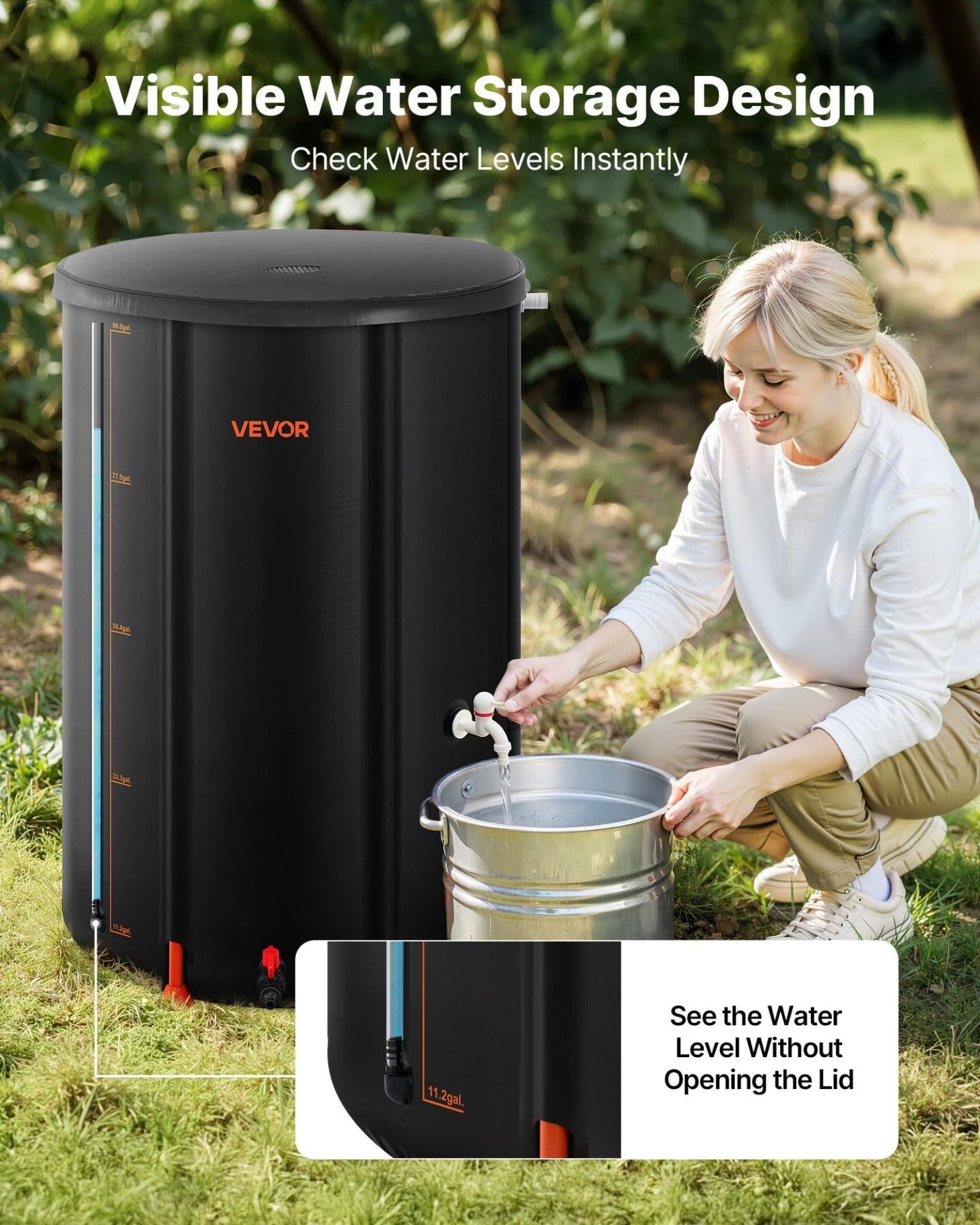 image-VEVOR Collapsible Rain Barrel, 100 Gallon Portable Rain Water Collection Barrel, 1000D PVC Rainwater Collection System, Garden Water Catcher Tank Storage Container with Spigot & Overflow Kit, Black