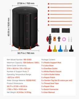 image-VEVOR Collapsible Rain Barrel, 100 Gallon Portable Rain Water Collection Barrel, 1000D PVC Rainwater Collection System, Garden Water Catcher Tank Storage Container with Spigot & Overflow Kit, Black