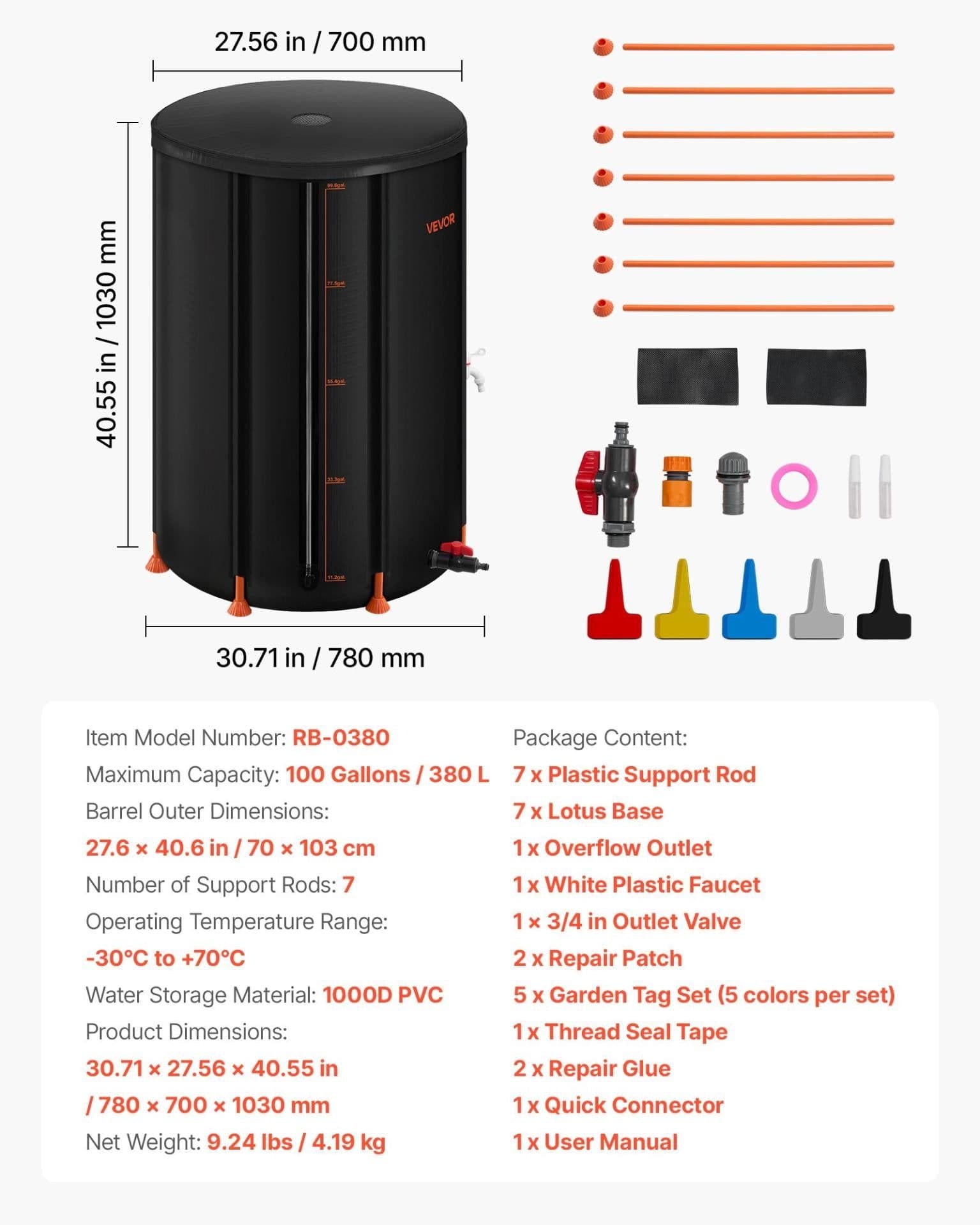 image-VEVOR Collapsible Rain Barrel, 100 Gallon Portable Rain Water Collection Barrel, 1000D PVC Rainwater Collection System, Garden Water Catcher Tank Storage Container with Spigot & Overflow Kit, Black