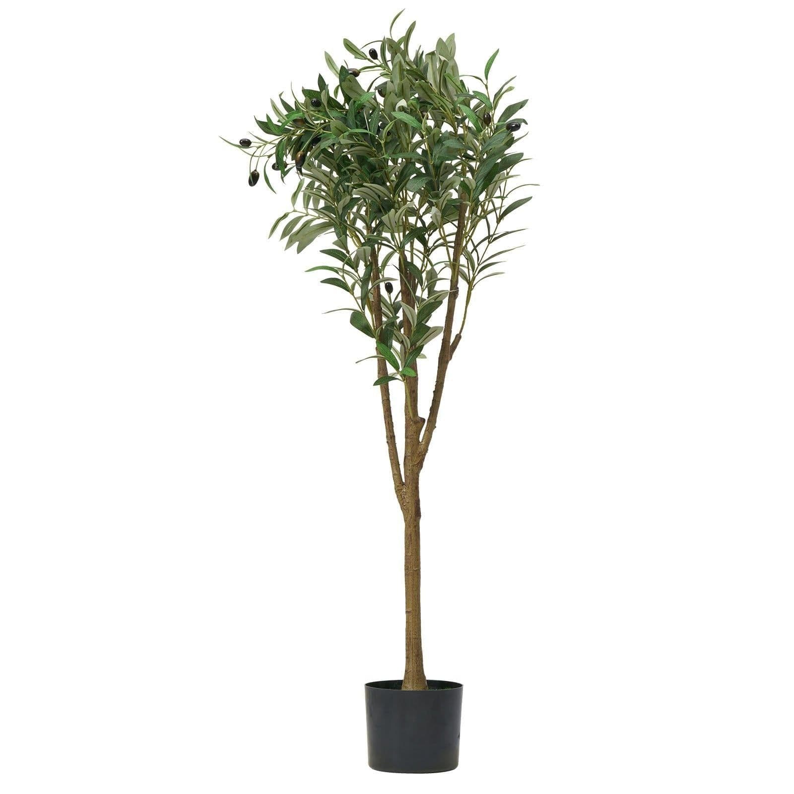 image-VEVOR 5FT Artificial Olive Tree with Black Pot, Tall Fake Tree with Natural Wood Trunk & Realistic Green Leaves and Fruits, Indoor Faux Plant for Home, Office, Living Room, Corner Decor