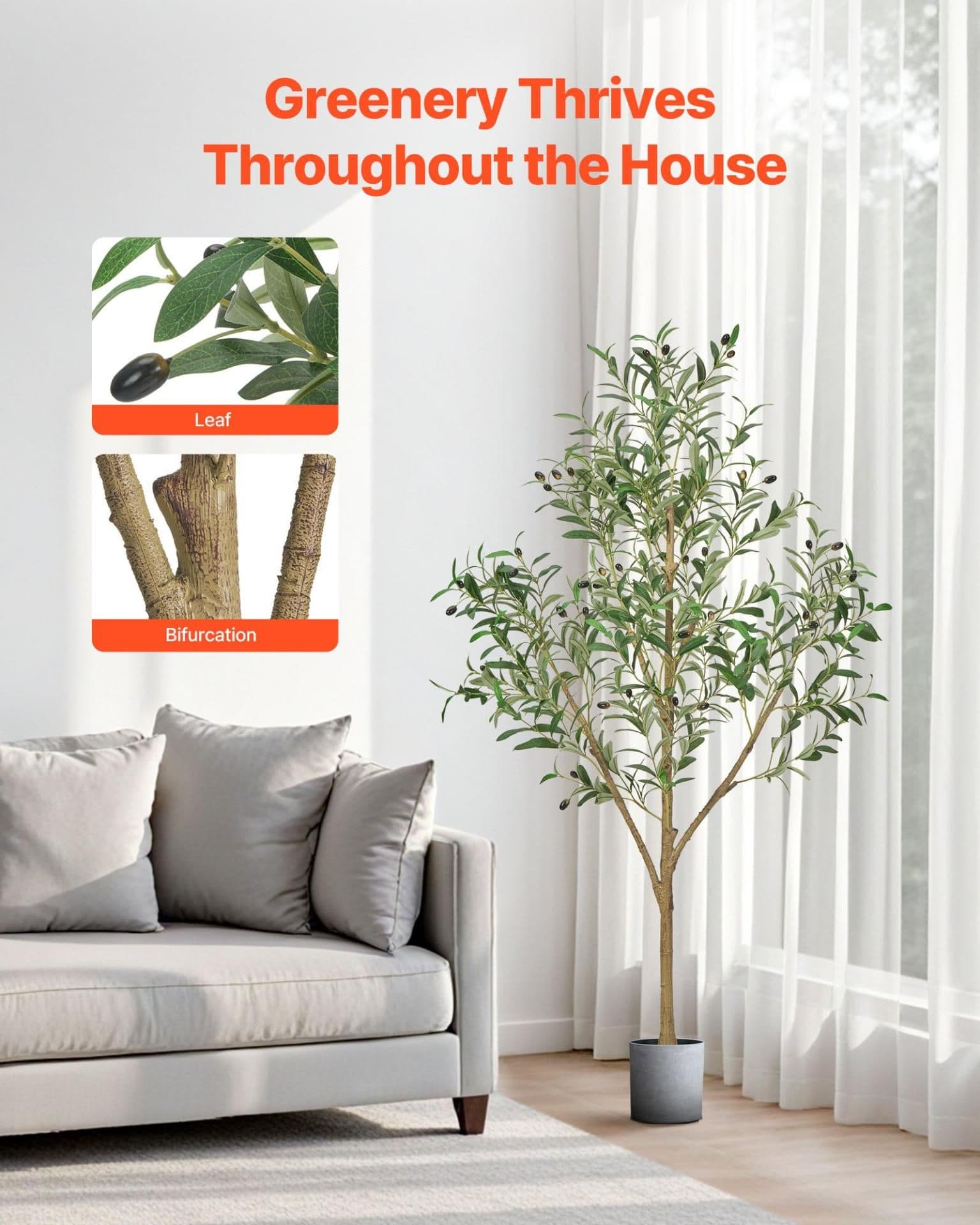 image-VEVOR 5FT Artificial Olive Tree with Black Pot, Tall Fake Tree with Natural Wood Trunk & Realistic Green Leaves and Fruits, Indoor Faux Plant for Home, Office, Living Room, Corner Decor
