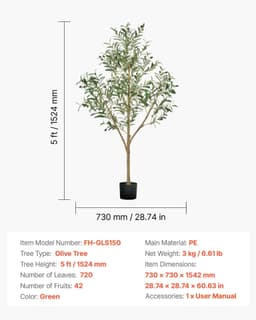 image-VEVOR 5FT Artificial Olive Tree with Black Pot, Tall Fake Tree with Natural Wood Trunk & Realistic Green Leaves and Fruits, Indoor Faux Plant for Home, Office, Living Room, Corner Decor
