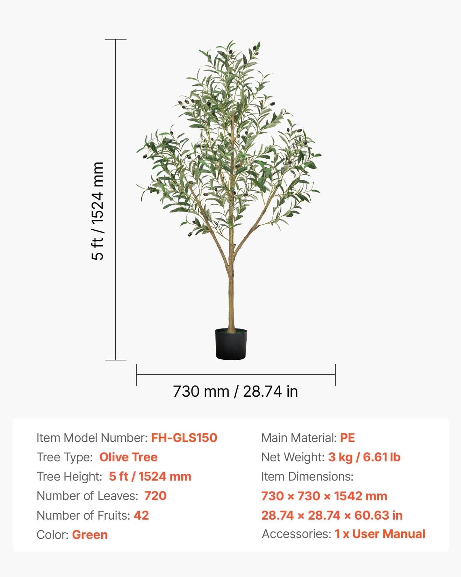 image-VEVOR 5FT Artificial Olive Tree with Black Pot, Tall Fake Tree with Natural Wood Trunk & Realistic Green Leaves and Fruits, Indoor Faux Plant for Home, Office, Living Room, Corner Decor