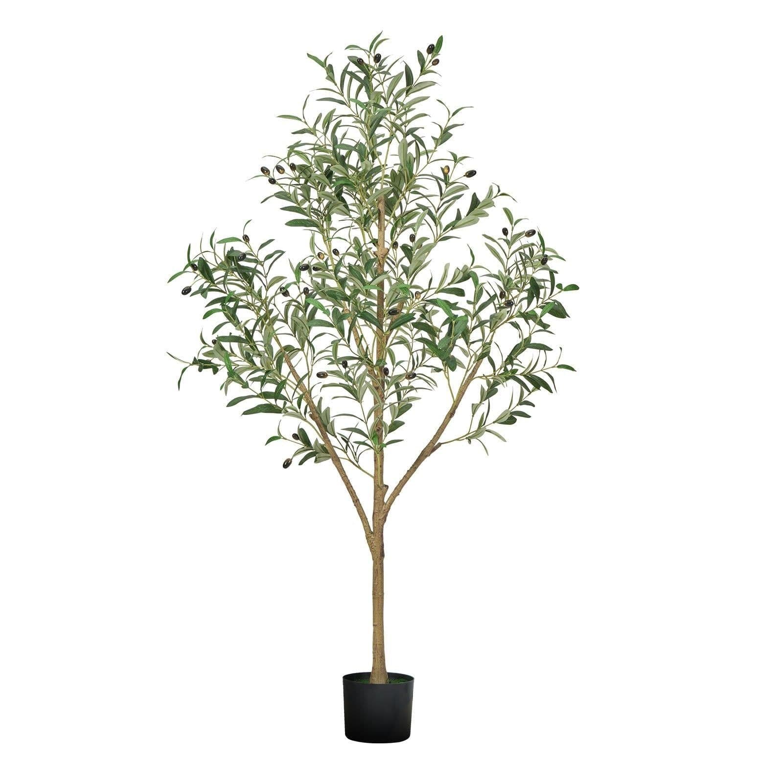 image-VEVOR 5FT Artificial Olive Tree with Black Pot, Tall Fake Tree with Natural Wood Trunk & Realistic Green Leaves and Fruits, Indoor Faux Plant for Home, Office, Living Room, Corner Decor
