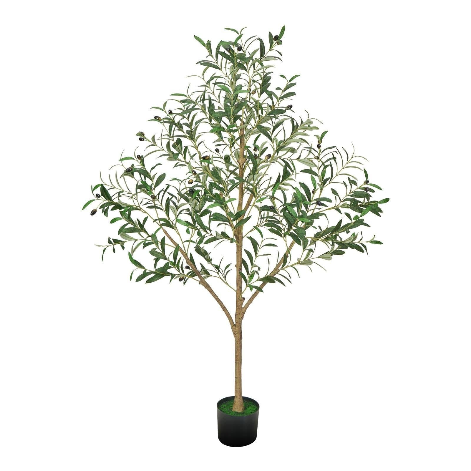 image-VEVOR 5FT Artificial Olive Tree with Black Pot, Tall Fake Tree with Natural Wood Trunk & Realistic Green Leaves and Fruits, Indoor Faux Plant for Home, Office, Living Room, Corner Decor