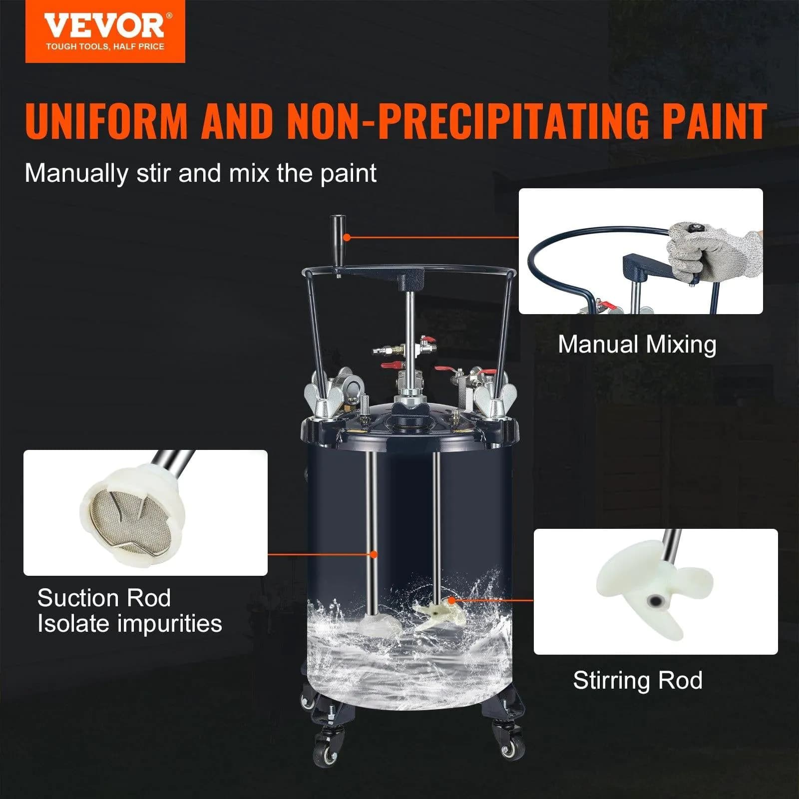 image-VEVOR Spray Paint Pressure Pot Tank, 30L/8gal Air Paint Pressure Pot with Manual Mixing Agitator, Leak Repair Sealant for Industry Home Decor Architecture Construction Automotive Painting, 70PSI Max