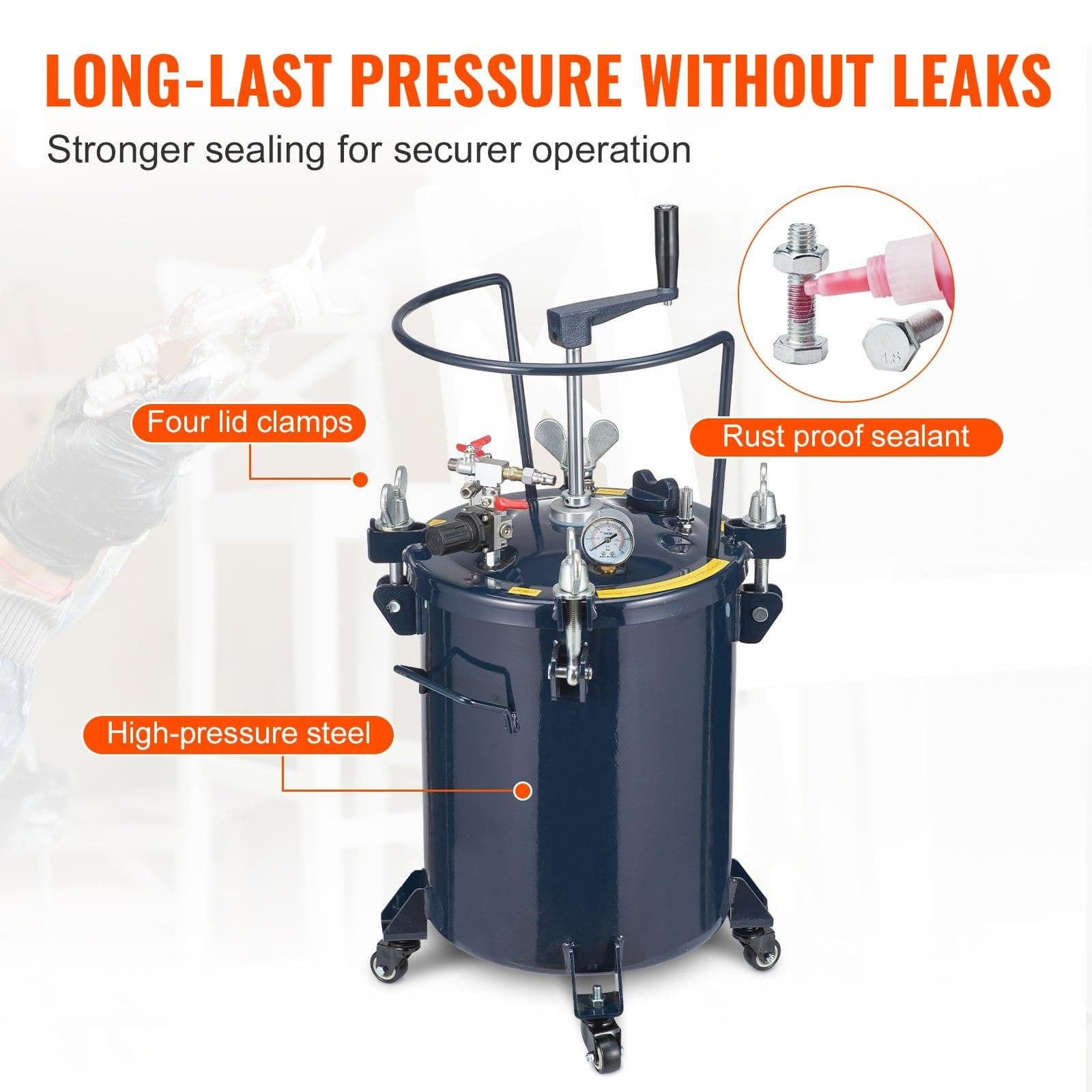 image-VEVOR Spray Paint Pressure Pot Tank, 30L/8gal Air Paint Pressure Pot with Manual Mixing Agitator, Leak Repair Sealant for Industry Home Decor Architecture Construction Automotive Painting, 70PSI Max