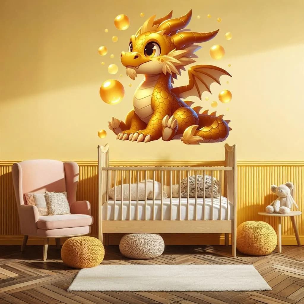 image-Golden Baby Dragon Wall Decal Sticker - Sparkling Fantasy Dragon Wall Decals for Kids Room