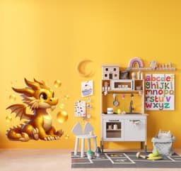 image-Golden Baby Dragon Wall Decal Sticker - Sparkling Fantasy Dragon Wall Decals for Kids Room
