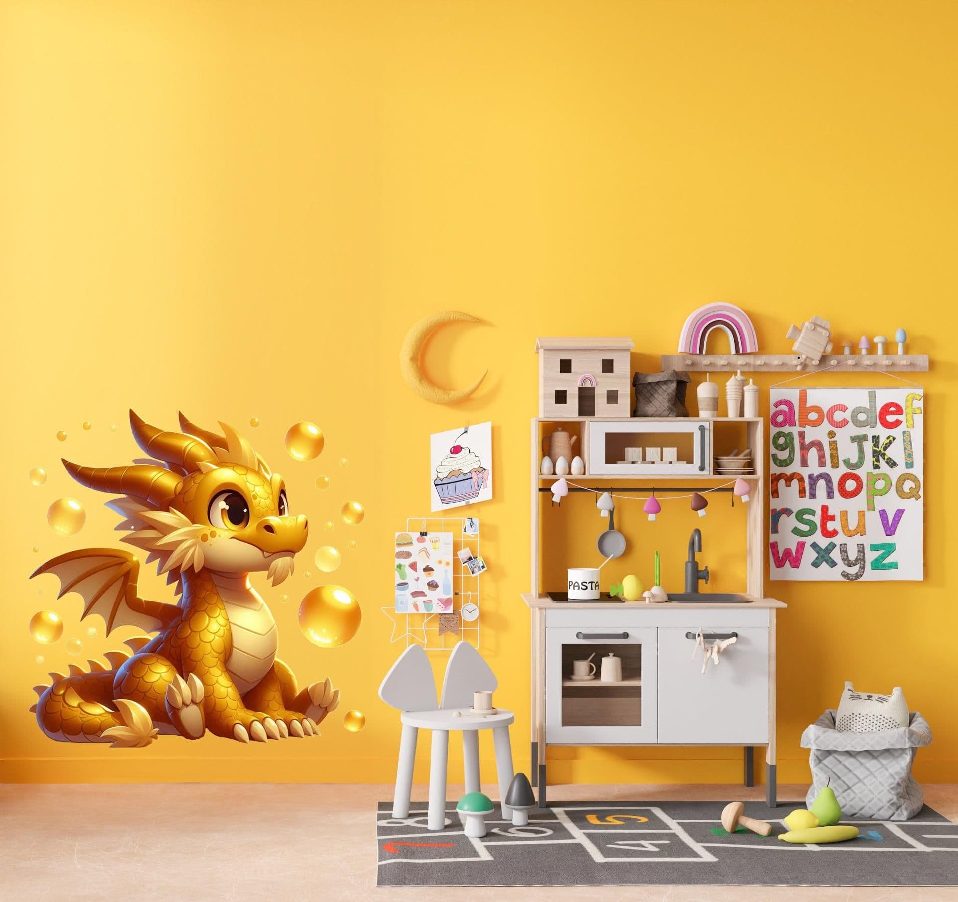 image-Golden Baby Dragon Wall Decal Sticker - Sparkling Fantasy Dragon Wall Decals for Kids Room