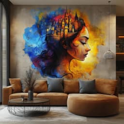 image-Fantasy Castle Wall Art Sticker - Vibrant Woman Portrait Vinyl Decal for Living Room, Bedroom, or Office