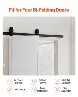 image-VEVOR Bi-Folding Sliding Barn Door Hardware Track Kit, 52" Top Mount Track Kit, Slide Smoothly & Quietly, Heavy Duty, Easy to Install, Suitable for Two 24" Closet Pantry Laundry Doors (Not Included)
