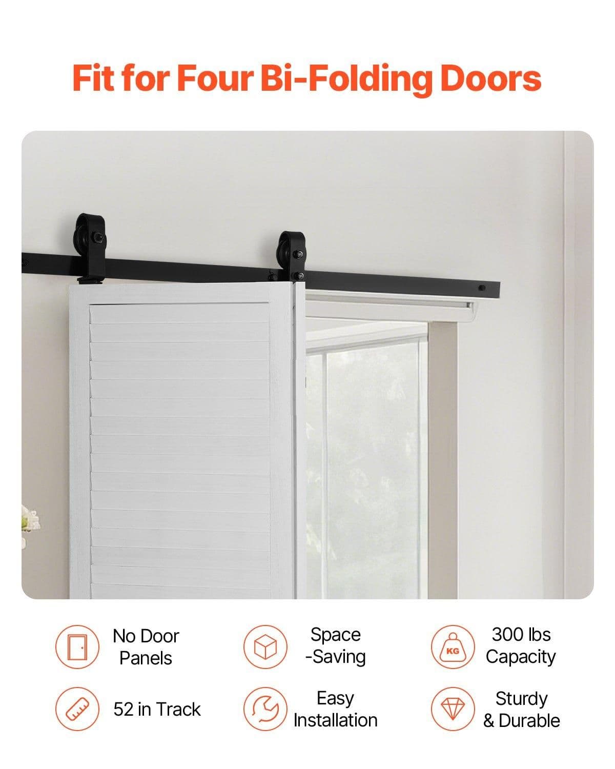 image-VEVOR Bi-Folding Sliding Barn Door Hardware Track Kit, 52" Top Mount Track Kit, Slide Smoothly & Quietly, Heavy Duty, Easy to Install, Suitable for Two 24" Closet Pantry Laundry Doors (Not Included)