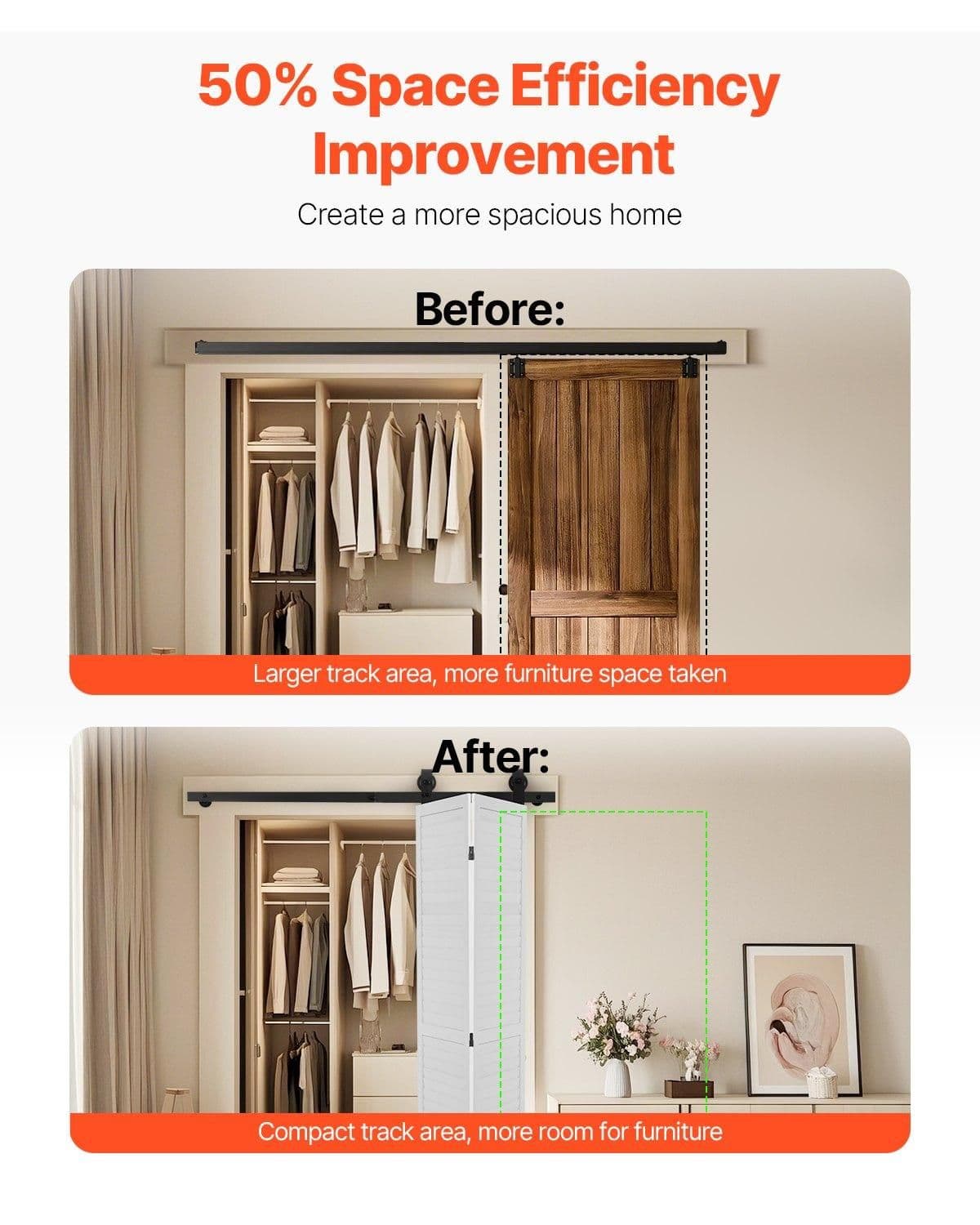 image-VEVOR Bi-Folding Sliding Barn Door Hardware Track Kit, 52" Top Mount Track Kit, Slide Smoothly & Quietly, Heavy Duty, Easy to Install, Suitable for Two 24" Closet Pantry Laundry Doors (Not Included)