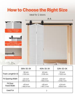 image-VEVOR Bi-Folding Sliding Barn Door Hardware Track Kit, 52" Top Mount Track Kit, Slide Smoothly & Quietly, Heavy Duty, Easy to Install, Suitable for Two 24" Closet Pantry Laundry Doors (Not Included)