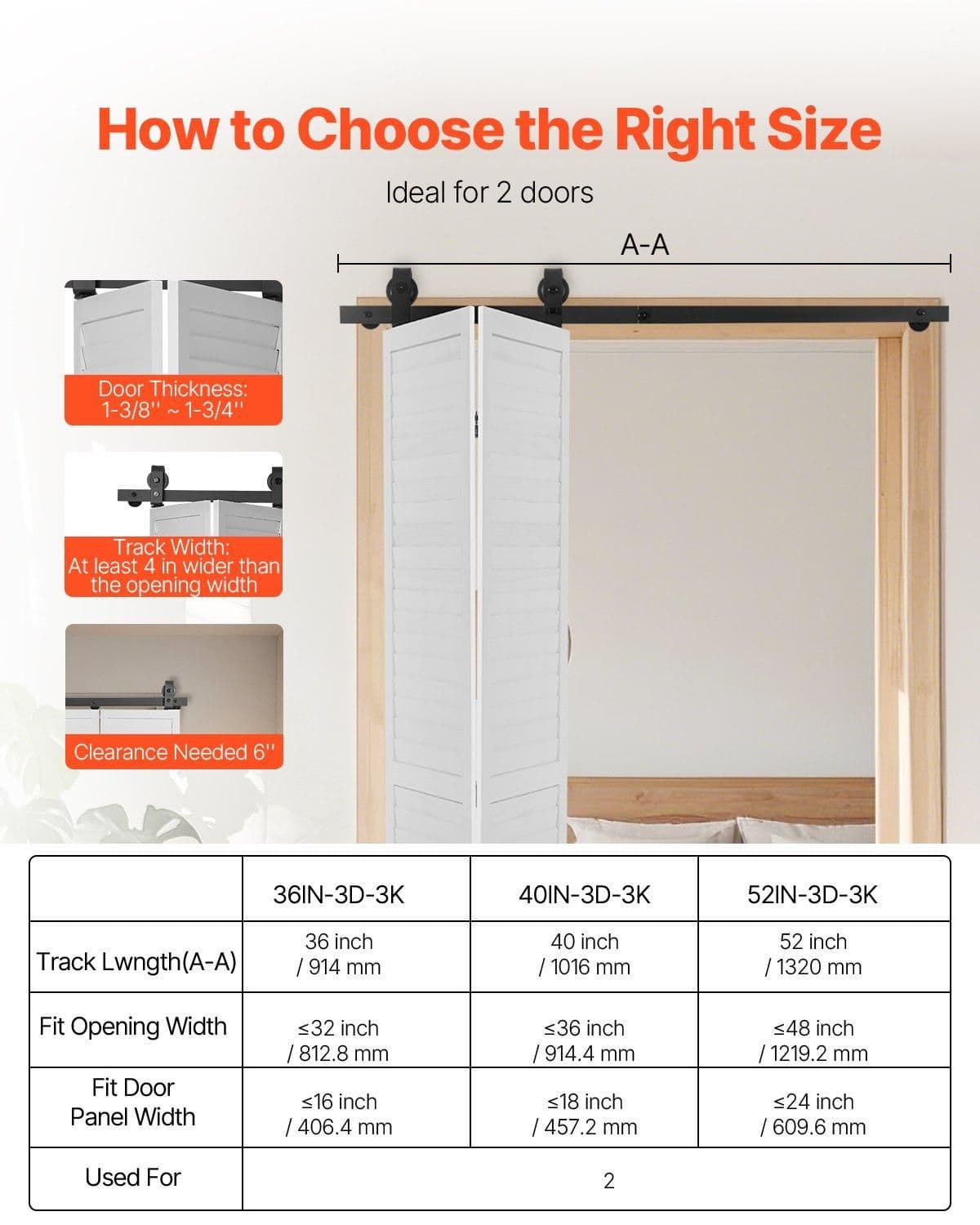image-VEVOR Bi-Folding Sliding Barn Door Hardware Track Kit, 52" Top Mount Track Kit, Slide Smoothly & Quietly, Heavy Duty, Easy to Install, Suitable for Two 24" Closet Pantry Laundry Doors (Not Included)