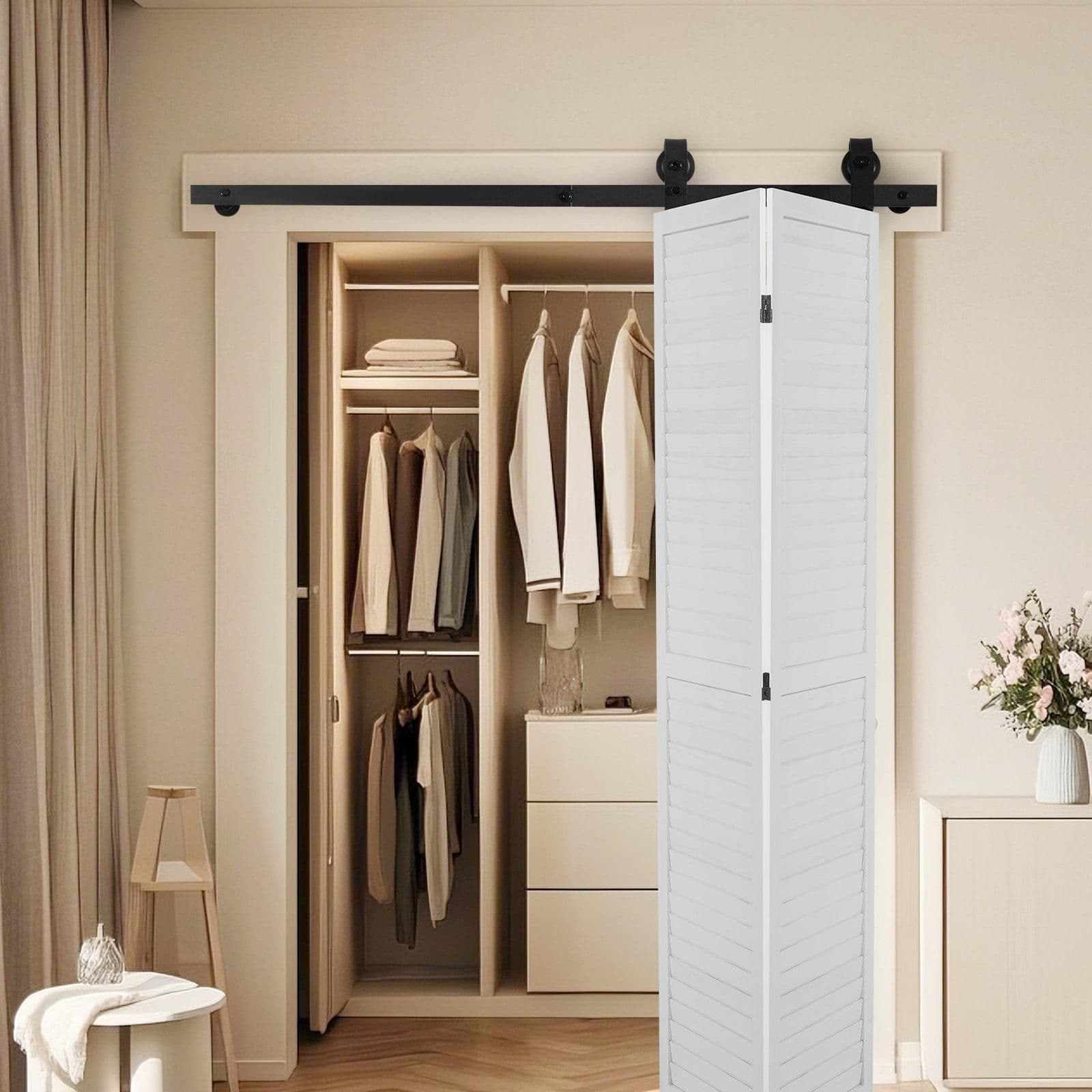image-VEVOR Bi-Folding Sliding Barn Door Hardware Track Kit, 52" Top Mount Track Kit, Slide Smoothly & Quietly, Heavy Duty, Easy to Install, Suitable for Two 24" Closet Pantry Laundry Doors (Not Included)