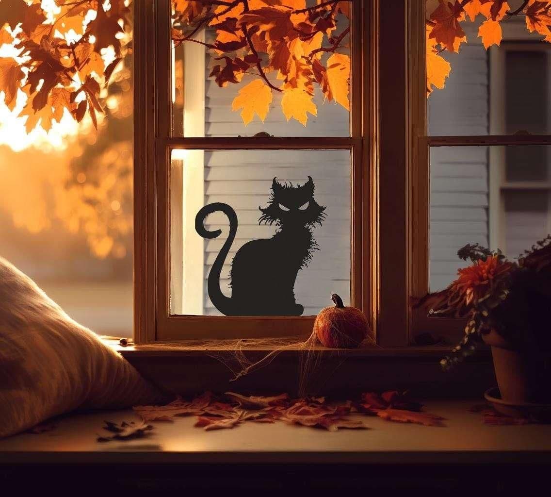 image-Halloween Cat Window Decal | Scary Black Cat Sticker | Spooky Vinyl Window Decor | Creepy Cat Silhouette | Halloween Window Decoration