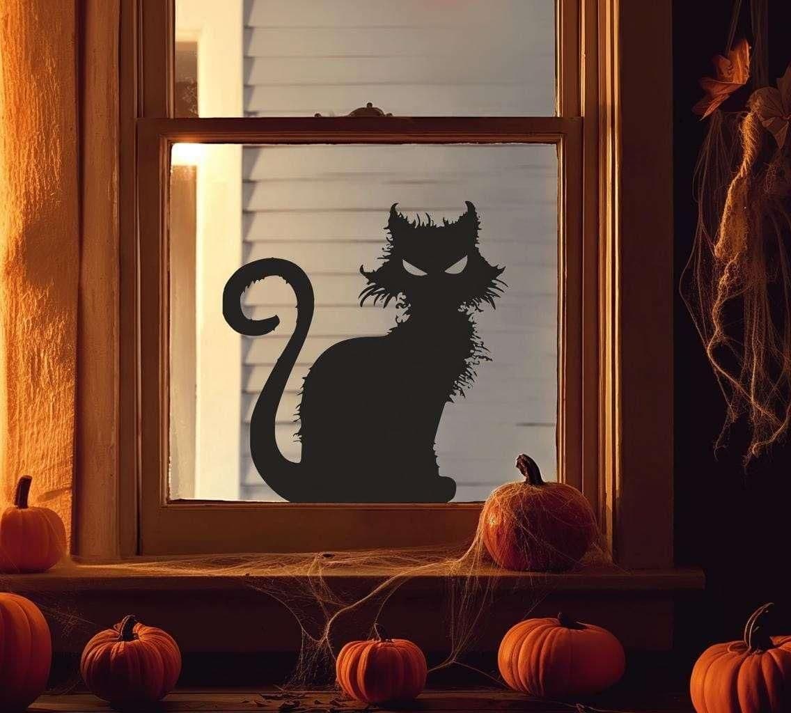 image-Halloween Cat Window Decal | Scary Black Cat Sticker | Spooky Vinyl Window Decor | Creepy Cat Silhouette | Halloween Window Decoration