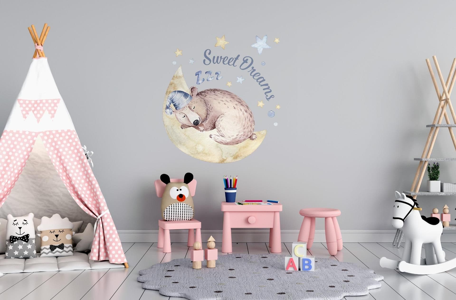 image-Cute Sleeping Animal Nursery Wall Sticker - Sweet Dreams Cloud Kid Baby Room Decor Decal