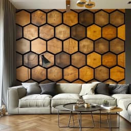 image-Hexagonal Wood Effect Wallpaper Sticker - Black Accent Adhesive Wall Decal, Rustic Wooden Honeycomb Decals for Modern Home Décor